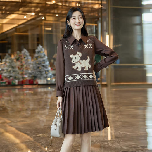 奢姿大码女装2025冬季时尚小狗针织马甲套装胖妹妹气质休闲两件套9554635281AB 商品图0