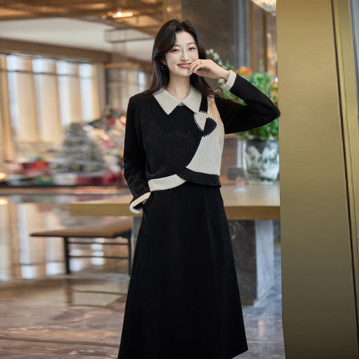 奢姿大码女装2025冬季时尚拼撞色翻领连衣裙胖妹妹气质显瘦裙子9954954042 商品图1