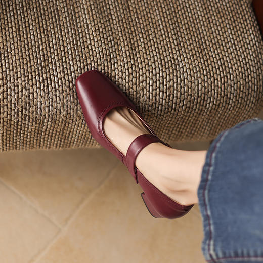 阿么手工女鞋法式复古一字带玛丽珍鞋百搭真皮粗跟浅口单鞋4.2CM 商品图4