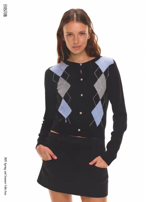 Evistub girls/E-6CMY1763/撞色菱格纹正肩羊毛开衫 商品图0