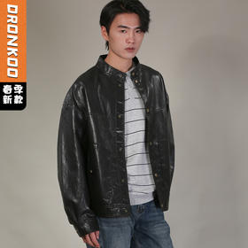 DRONKOO 2026 立领前复古铜扣仿油蜡亮皮中厚皮衣