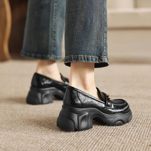 阿么手工女鞋英伦风一脚蹬圆头乐福鞋女款松糕底真皮小皮鞋6.5CM 商品图4