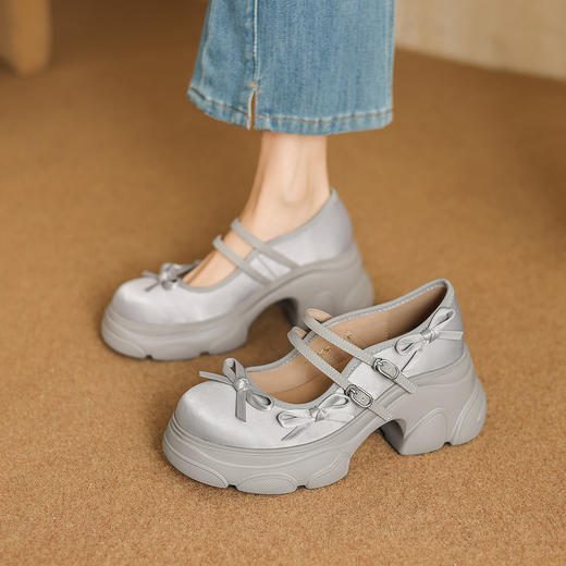 阿么手工女鞋浅口双排扣蝴蝶结玛丽珍鞋子厚底7CM学院风增高百搭 商品图1