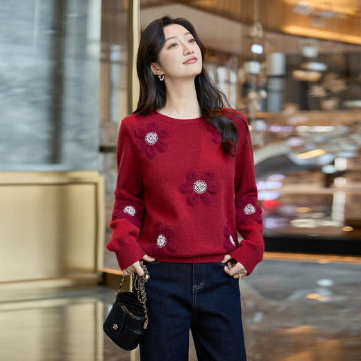 奢姿大码女装2025冬季胖妹妹时尚花朵装饰针织衫气质甜美显瘦上衣9854635277 商品图0