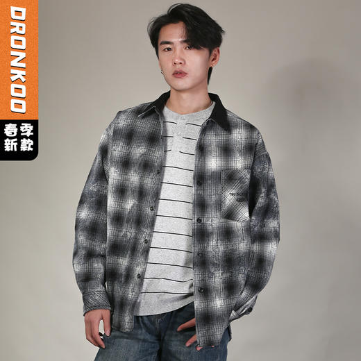 DRONKOO 2026 翻领撞色领左贴袋满幅做旧撞色格纹中厚衬衣外套 商品图0