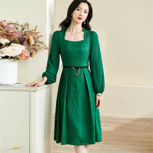 剩S/M/XL/L 米思阳2026春季新款复古优雅提花方领大摆裙子质感长袖连衣裙0015 商品图2