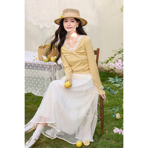 鹿向南「仙境之森」黄色假两件长袖t恤女春掐腰显瘦修身短款上衣 商品图4