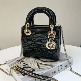 Dior 戴妃 三格 黑金 漆皮 斜挎包