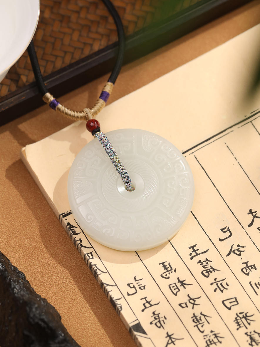 和田玉回纹平安扣吊坠 国风复古玉佩  男女同款招财纳福 时来运转挂件