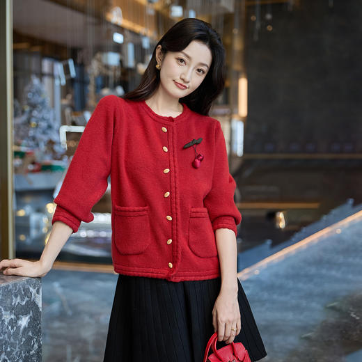 奢姿大码女装2025冬季时尚圆领针织开衫胖妹妹气质优雅休闲上衣9854654006 商品图2