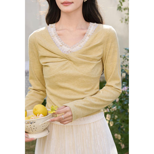 鹿向南「仙境之森」黄色假两件长袖t恤女春掐腰显瘦修身短款上衣 商品图3