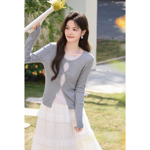 鹿向南「软云漫织」长袖灰色针织衫女春季新款气质显瘦假两件上衣 商品图2