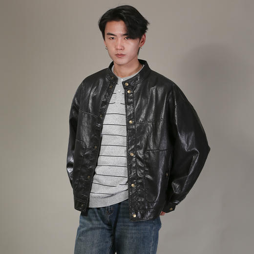 DRONKOO 2026 立领前复古铜扣仿油蜡亮皮中厚皮衣 商品图2