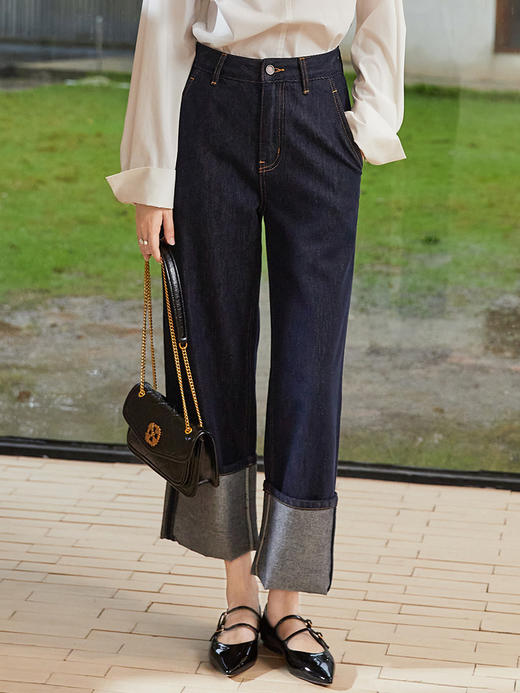 复古原色深蓝牛仔裤 春季新款翻边设计宽松直筒九分裤 商品图0