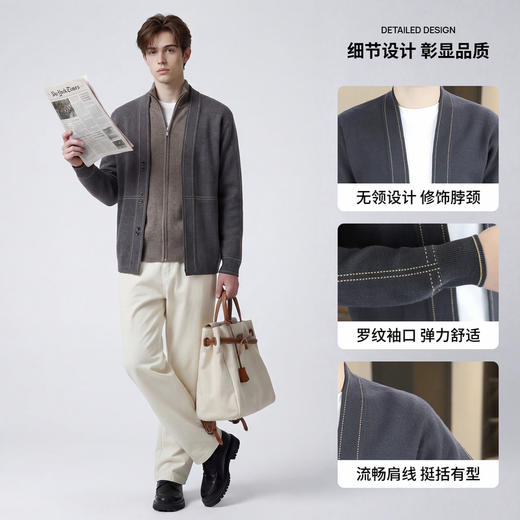 【柔暖舒适】圣得西2026年春季男士简约针织衫小线条提花无领开衫 商品图4