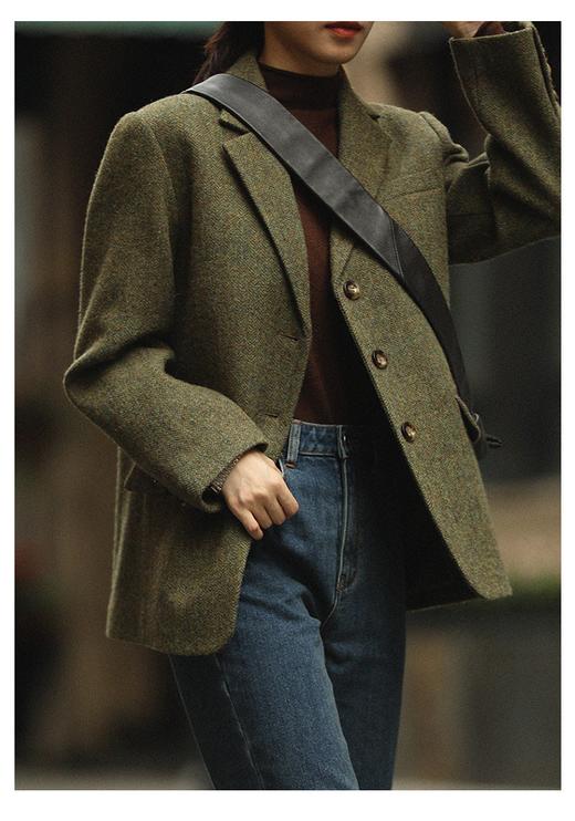 复古绿色人字纹毛呢西装 商品图1