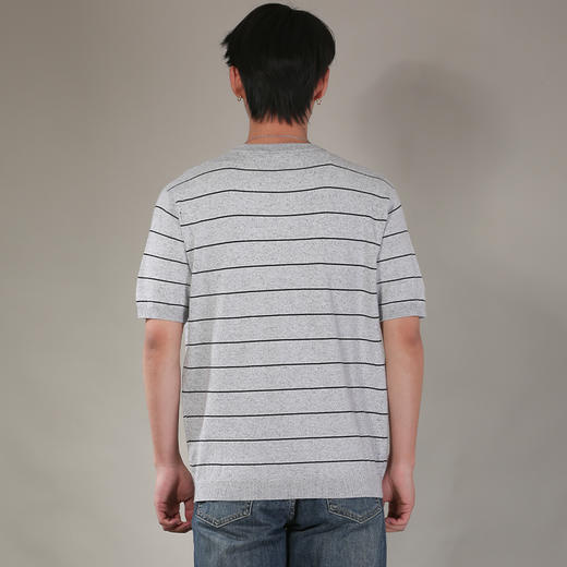 DRONKOO 2026 圆领开两粒扣细宽条纹花纱修身短袖薄毛衣 商品图4