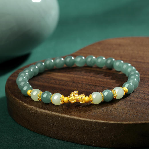 Winy 足金招财貔貅双玉手链 925银+油青翡翠 + 和田玉手串 送女友送妈妈节日礼物 商品图0