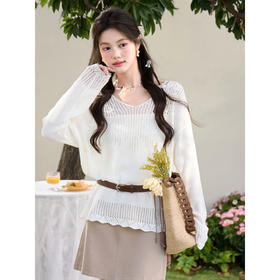 鹿向南「山茶叙春」法式镂空浅杏色慵懒感针织衫女春新款长袖上衣