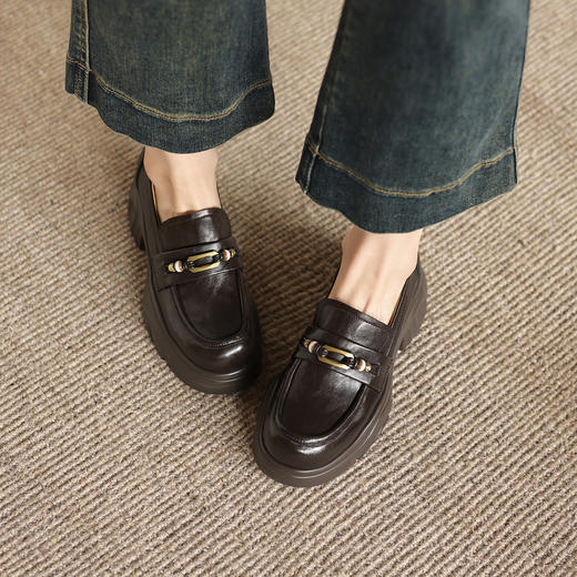 阿么手工女鞋英伦风一脚蹬圆头乐福鞋女款松糕底真皮小皮鞋6.5CM 商品图3