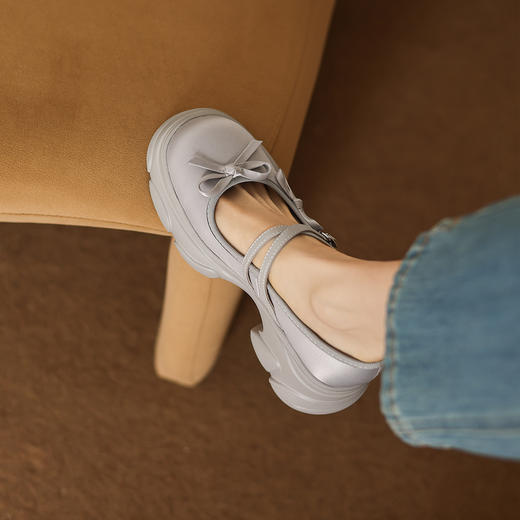 阿么手工女鞋浅口双排扣蝴蝶结玛丽珍鞋子厚底7CM学院风增高百搭 商品图3
