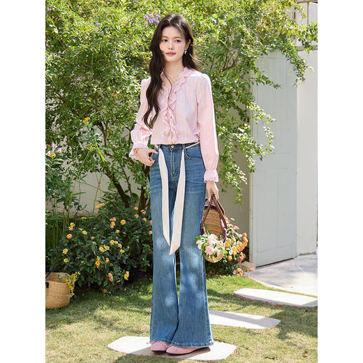 鹿向南「素净蓝调」蓝色复古修身牛仔裤女春季小个子高腰微喇裤 商品图2