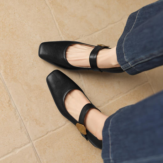 阿么手工女鞋法式复古一字带玛丽珍鞋百搭真皮粗跟浅口单鞋4.2CM 商品图2