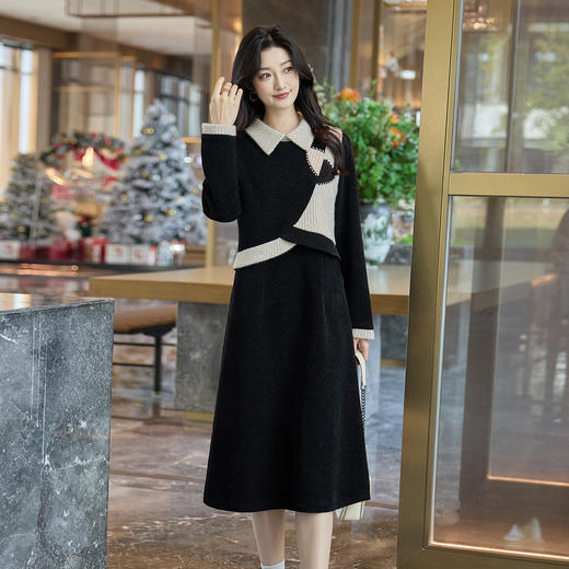 奢姿大码女装2025冬季时尚拼撞色翻领连衣裙胖妹妹气质显瘦裙子9954954042 商品图2