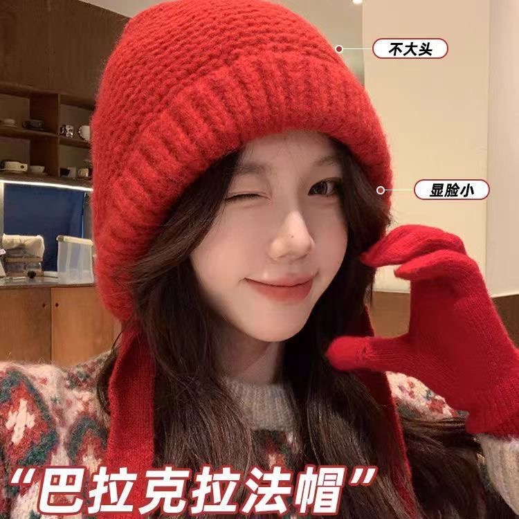 【一帽两用❗️巴拉克拉法帽子】保暖御寒，显脸小，柔软舒适，软糯亲肤！赫本风绑带堆堆帽女冬季保暖圣诞红毛线帽本命年新年马年