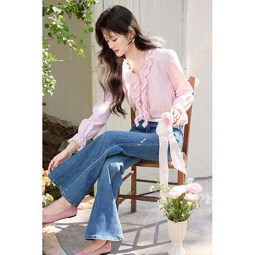 鹿向南「素净蓝调」蓝色复古修身牛仔裤女春季小个子高腰微喇裤 商品图4