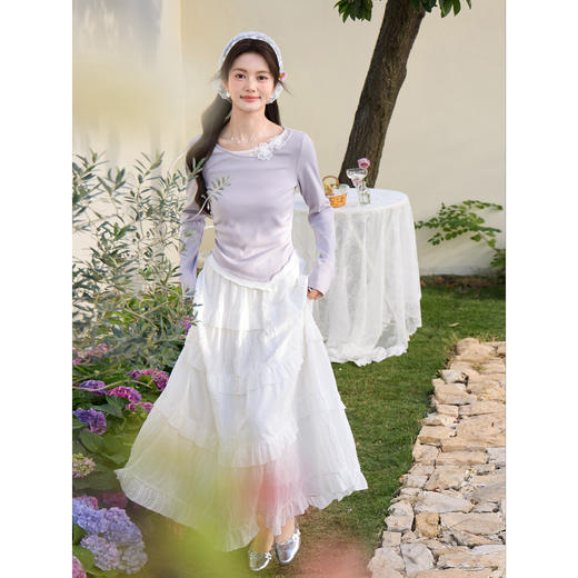 鹿向南「紫蕊春晞」灰紫色假两件长袖T恤女春小众设计感百搭上衣 商品图3