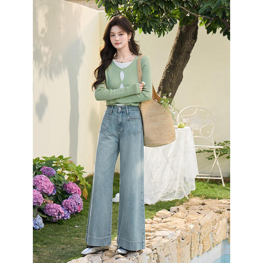 鹿向南「晴岸织蓝」蓝色直筒牛仔裤春新款时尚百搭高腰修身长裤女 商品图3