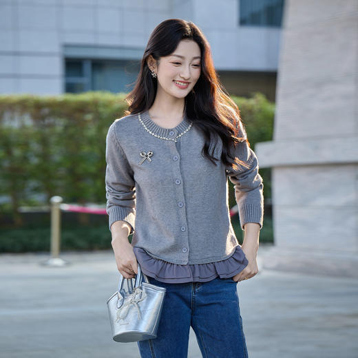 奢姿大码女装2025冬季时荷叶边圆领针织开衫胖妹妹气质减龄上衣9854691029 商品图4