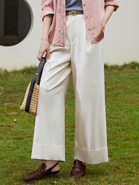 高级感奶白翻边阔腿裤 2026 春夏装新品 垂顺显瘦通勤休闲裤