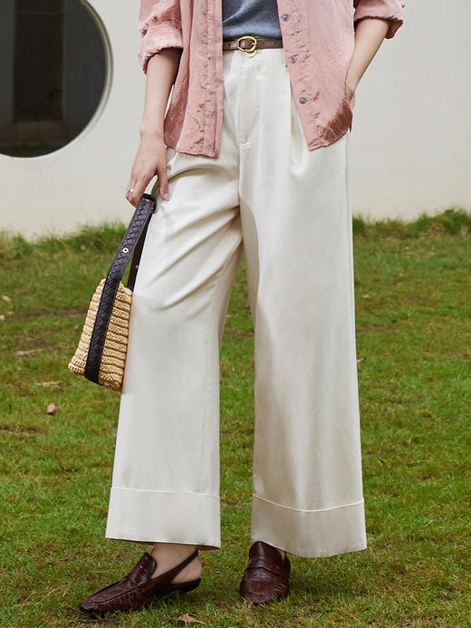 高级感奶白翻边阔腿裤 2026 春夏装新品 垂顺显瘦通勤休闲裤 商品图0