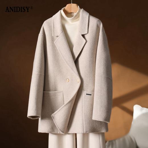 双面羊绒羊毛西装领长袖双排扣外套 商品图1