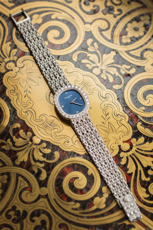 独角鹿西洋古董1970年代瑞士顶级钟表世家百达翡丽Patek Philippe出品18K白金编织表带蓝色日辉纹石英镶嵌钻石表盘女士腕表 商品图2