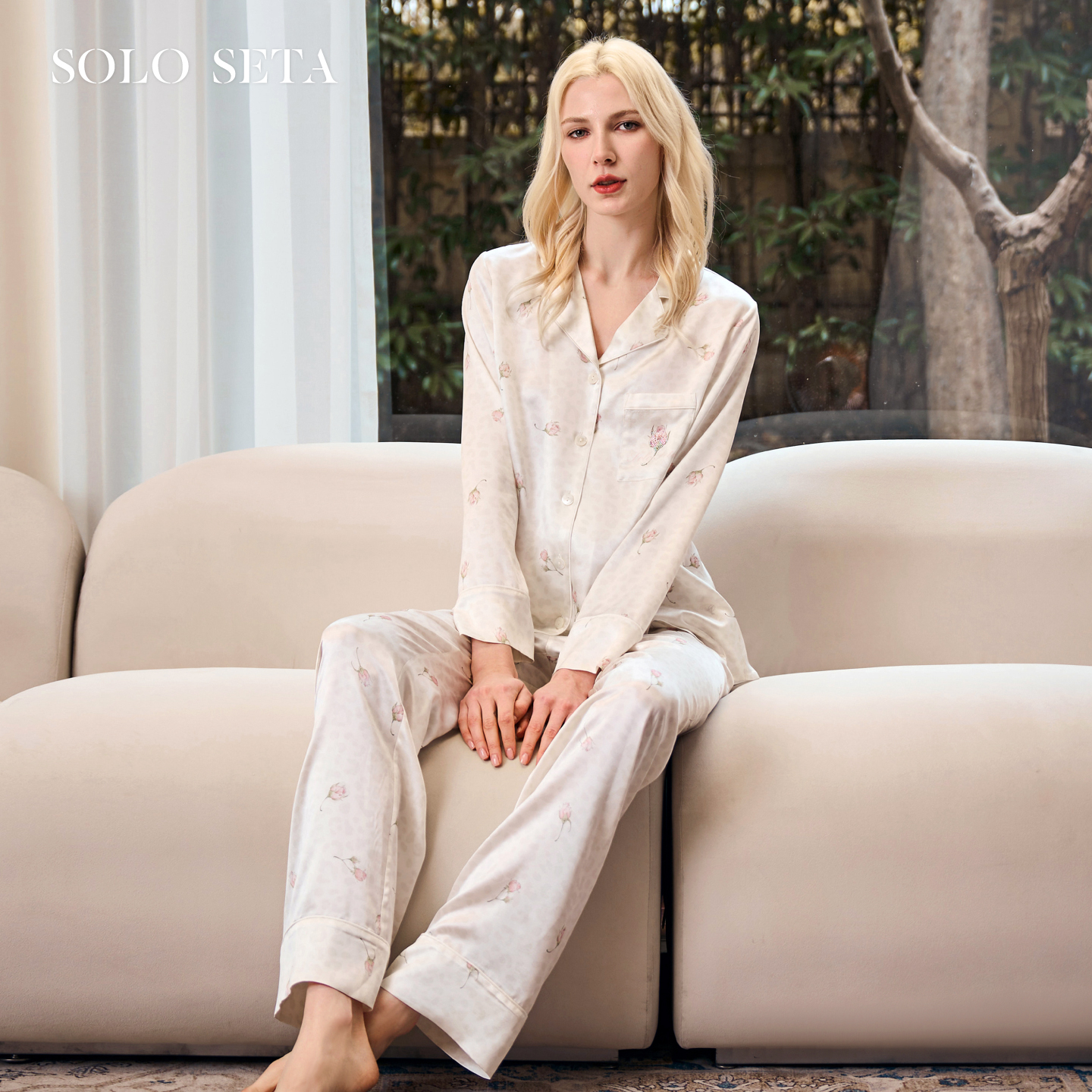Solo seta22姆米女士印花真丝睡衣套装桑蚕丝长袖长裤家居服春夏