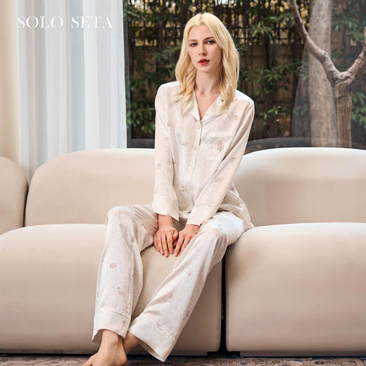 Solo seta22姆米女士印花真丝睡衣套装桑蚕丝长袖长裤家居服春夏 商品图0