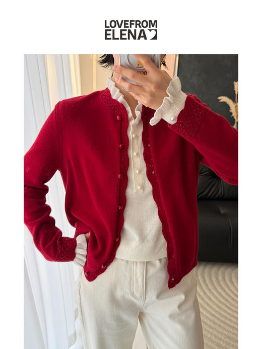 100%羊毛  新年氛围感花边小圆领针织开衫 商品图6