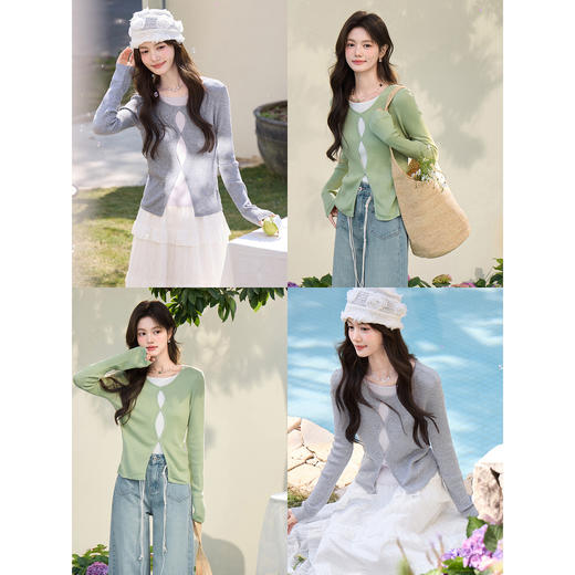 鹿向南「软云漫织」长袖灰色针织衫女春季新款气质显瘦假两件上衣 商品图0