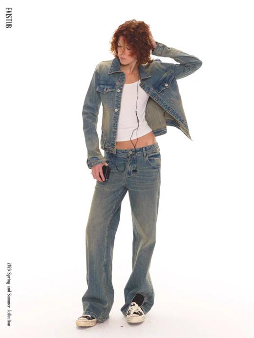 Evistub girls/E-6CCK1749/复古蓝水洗竹节纹牛仔裤 商品图1