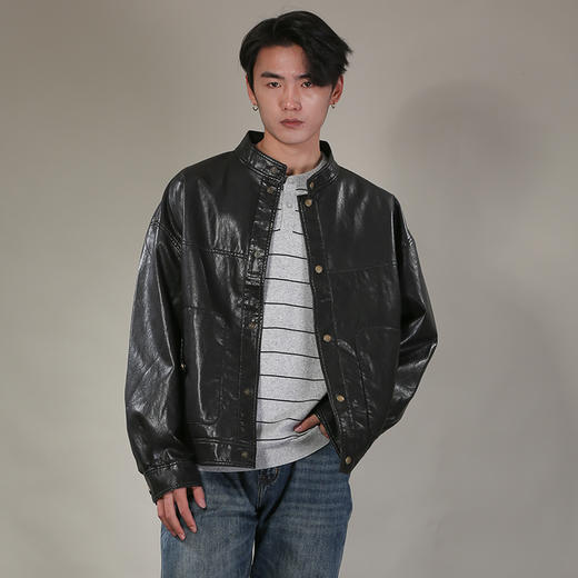 DRONKOO 2026 立领前复古铜扣仿油蜡亮皮中厚皮衣 商品图3