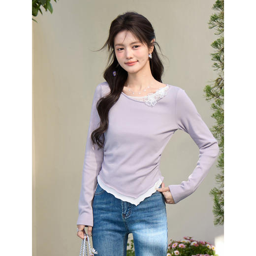 鹿向南「紫蕊春晞」灰紫色假两件长袖T恤女春小众设计感百搭上衣 商品图1
