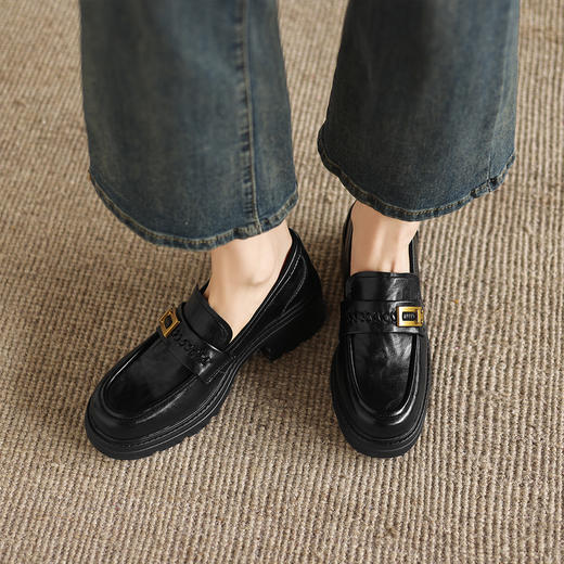 阿么手工女鞋百搭休闲一脚蹬真皮乐福鞋新款复古厚底小皮鞋6.5CM 商品图3