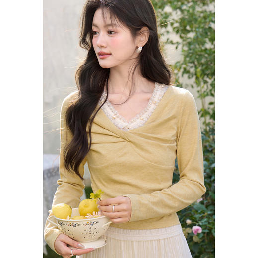 鹿向南「仙境之森」黄色假两件长袖t恤女春掐腰显瘦修身短款上衣 商品图2