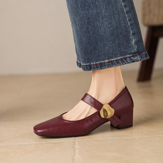 阿么手工女鞋法式复古一字带玛丽珍鞋百搭真皮粗跟浅口单鞋4.2CM 商品图1
