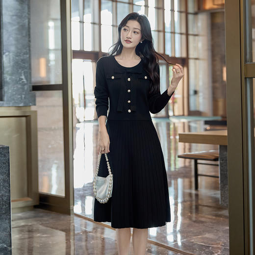 奢姿2025冬季大码毛衣连衣裙女假两件蝴蝶结珍珠扣针织裙气质款9154870531 商品图3