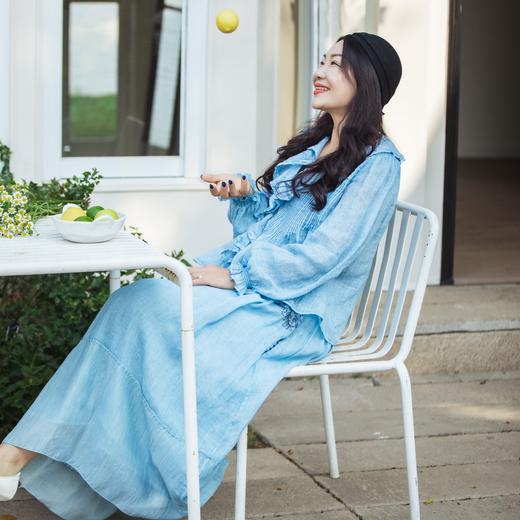 【林栖设计小店】与风共奏|手工炒色苎麻天蓝色温柔荷叶边牙签褶2026春新款衬衣1961180 商品图3