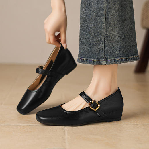 阿么手工女鞋春季法式一字带玛丽珍鞋内增高透气真皮单鞋女3.5CM 商品图1